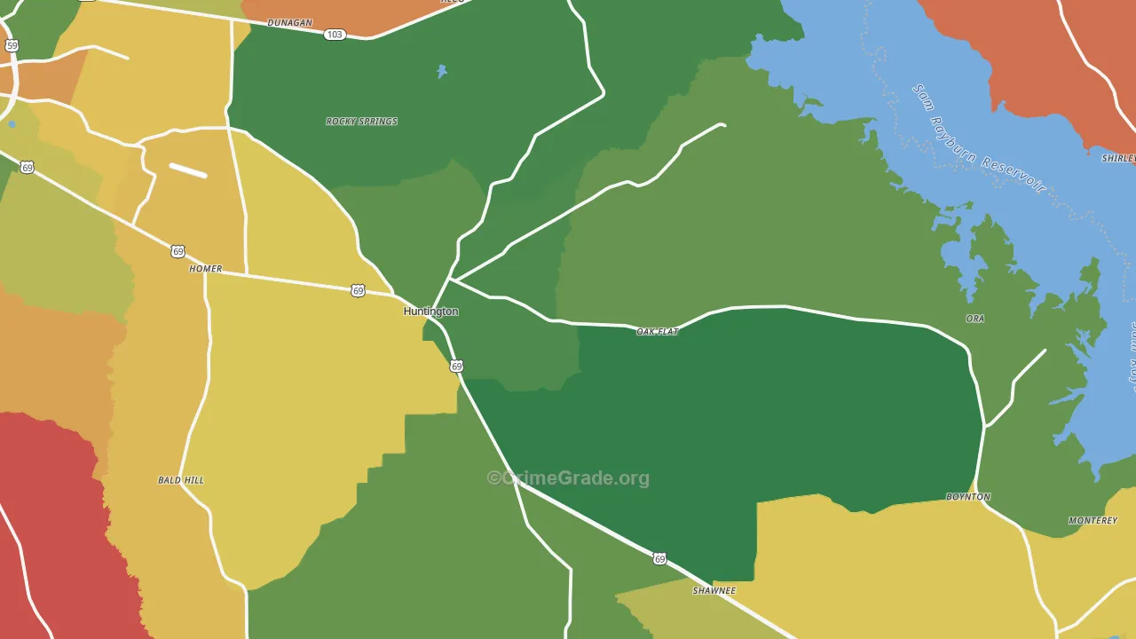 Huntington, TX Map of Theft Rates