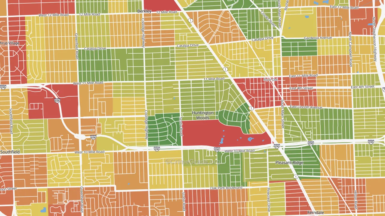 Huntington Woods, MI Map of Theft Rates