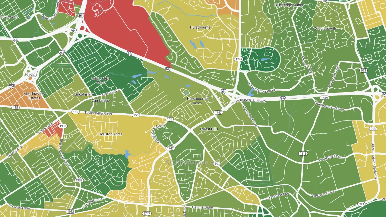 Hurstbourne Acres, KY Map of Theft Rates