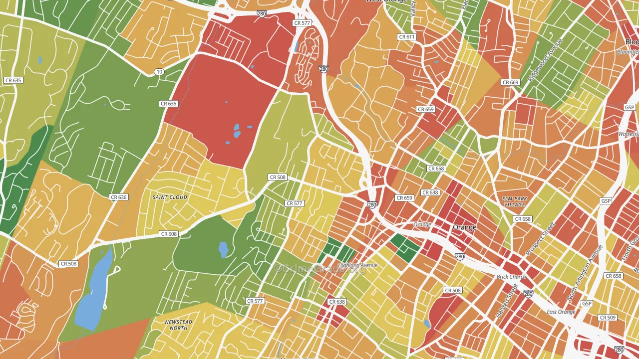 Hutton Park, West Orange, NJ Map of Theft Rates