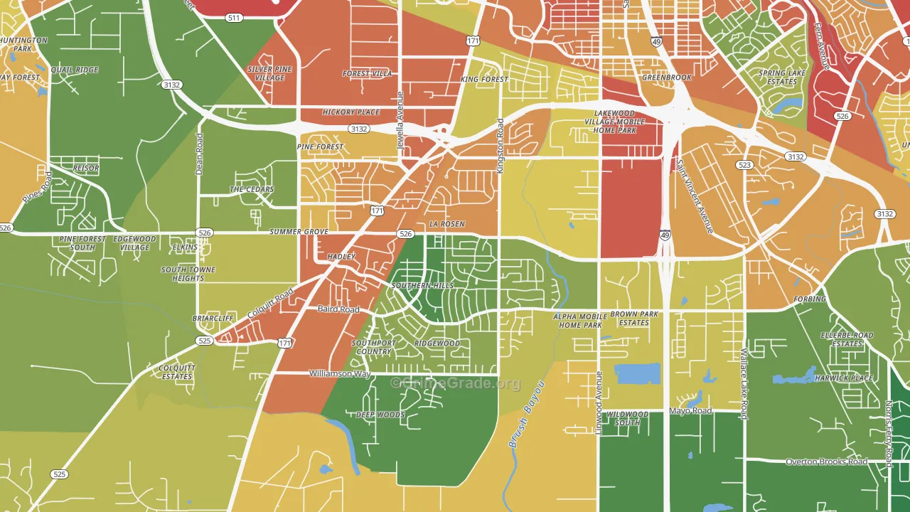 Hyde Park-Brookwood-Southern Hills, Shreveport, LA Map of Theft Rates