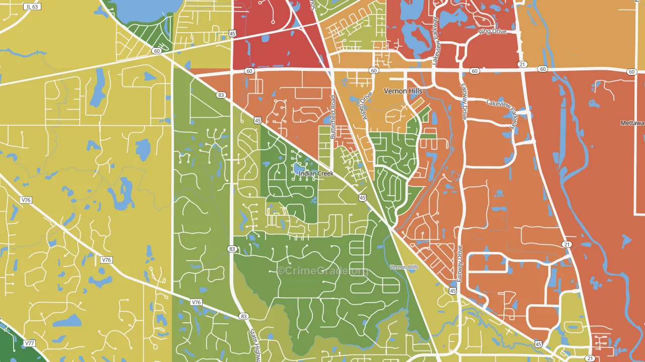 Indian Creek, IL Map of Theft Rates