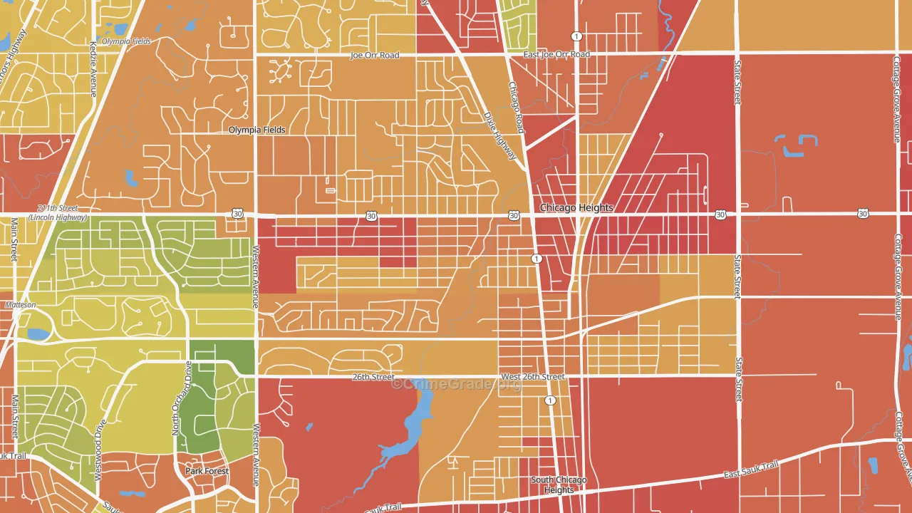 Indian Hill, Chicago Heights, IL Map of Theft Rates