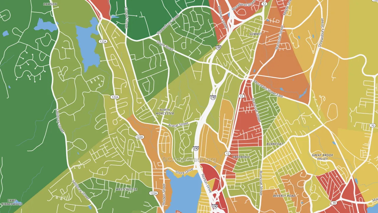 Indian Hill, Worcester, MA Map of Theft Rates