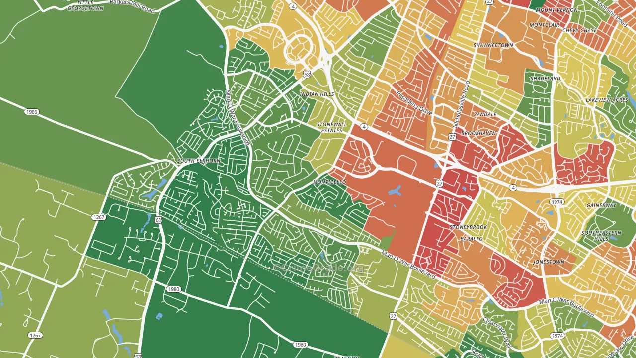 Indian Hills-Stonewall Estates-Monticello, Lexington, KY Map of Theft Rates