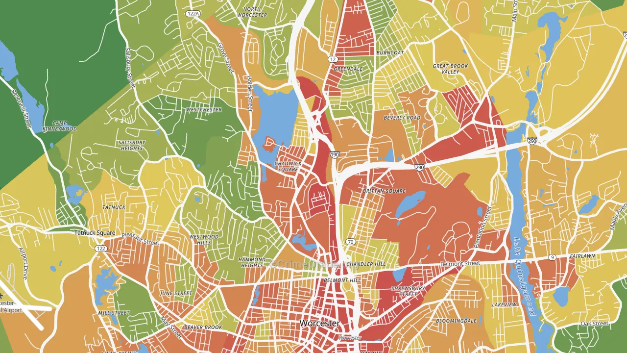 Indian Lake East, Worcester, MA Map of Theft Rates
