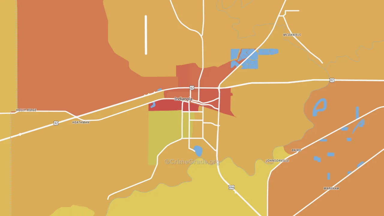 Indianola, MS Map of Theft Rates
