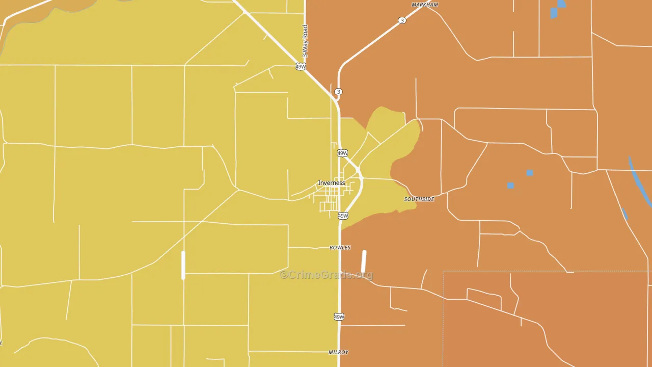 Inverness, MS Map of Theft Rates