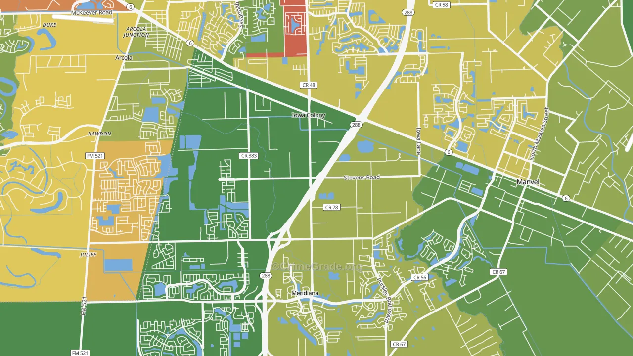 Iowa Colony, TX Map of Theft Rates