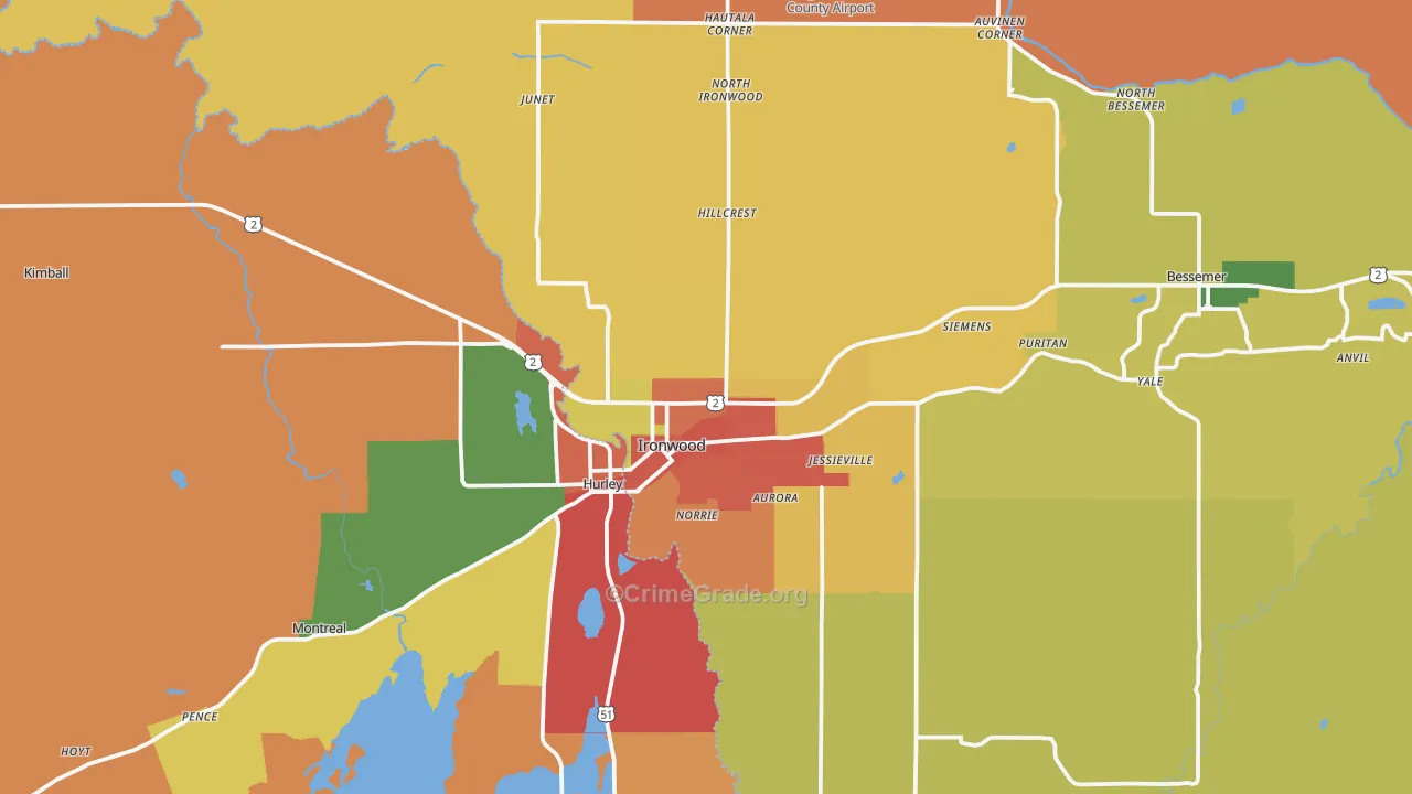 Ironwood, MI Map of Theft Rates