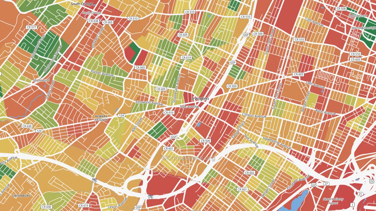 Irvington, NJ Map of Theft Rates