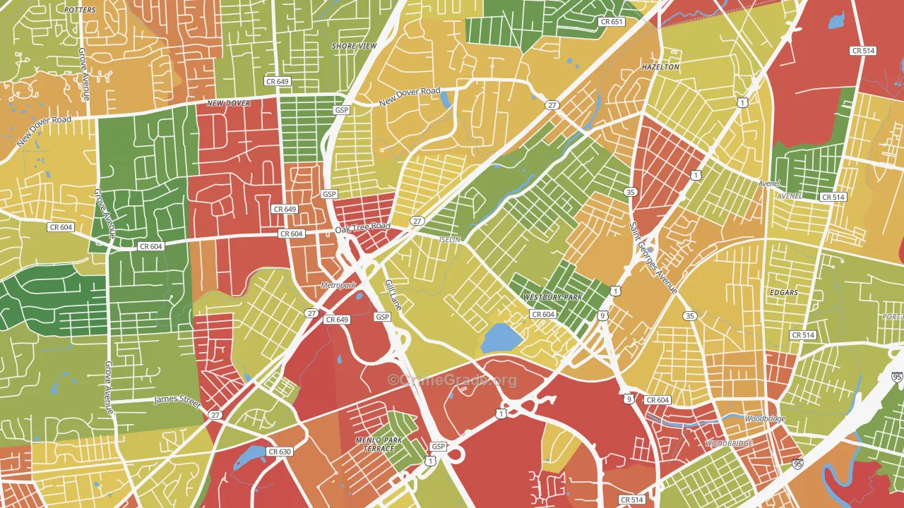 Iselin, NJ Map of Theft Rates