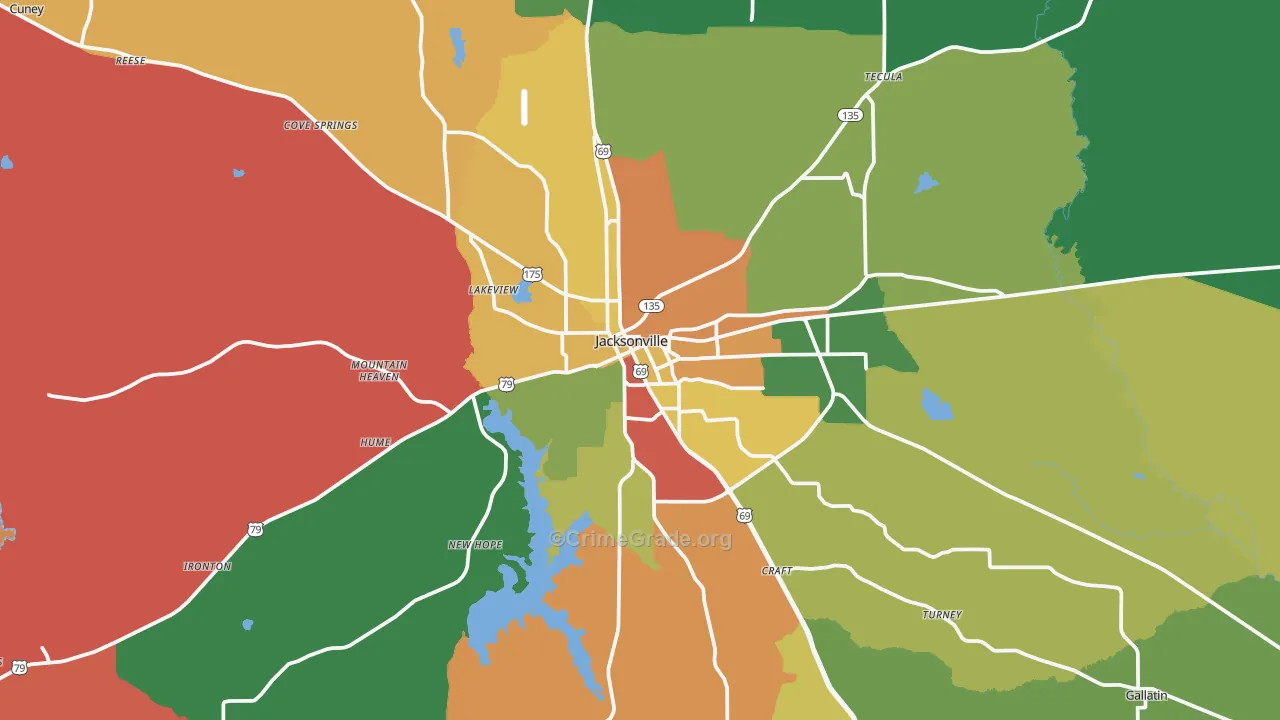 Jacksonville, TX Map of Theft Rates