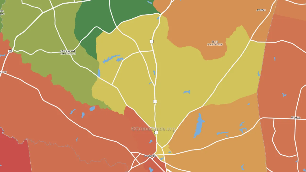 Jefferson County, GA Map of Theft Rates