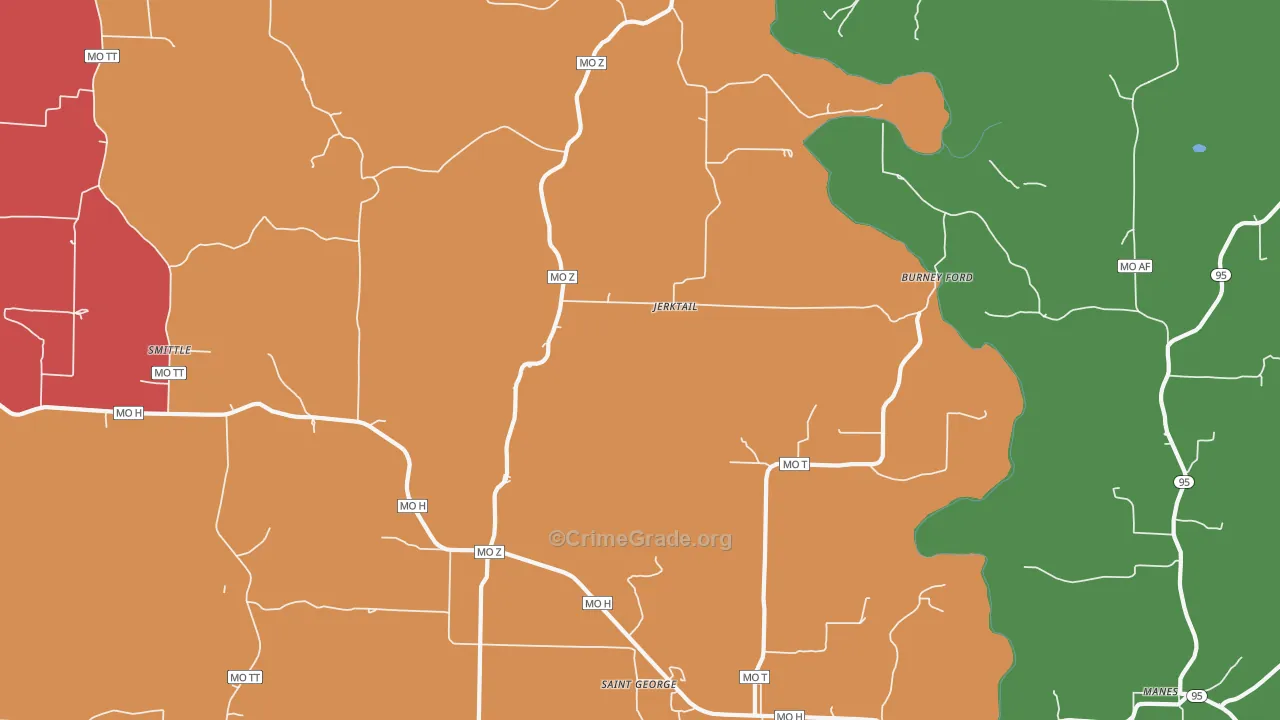Jerktail, MO Map of Theft Rates