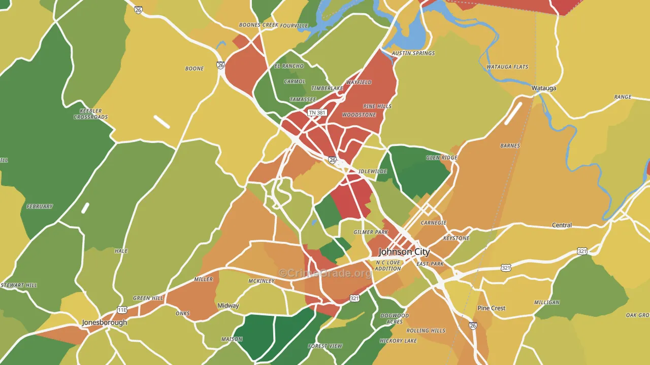 Johnson City, TN Map of Theft Rates