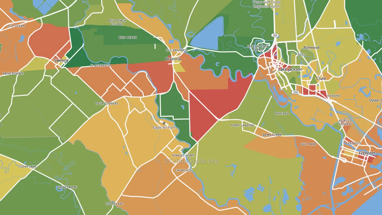 Jones Creek, TX Map of Theft Rates