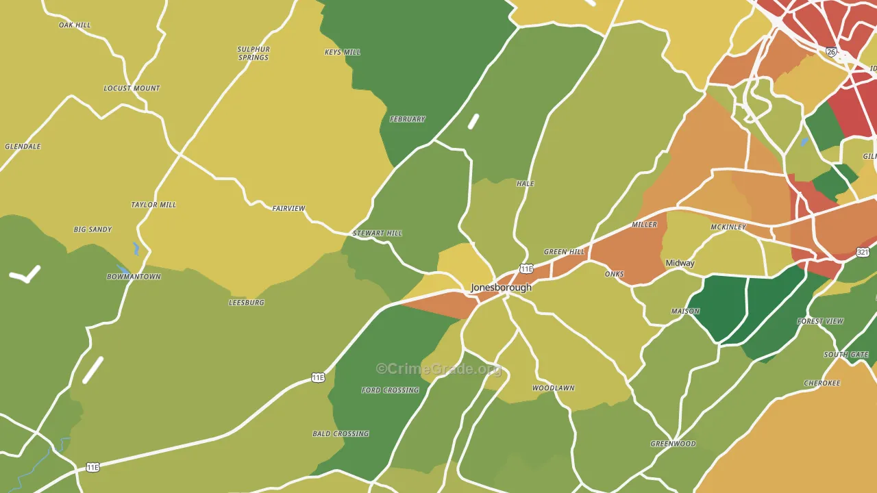 Jonesborough, TN Map of Theft Rates