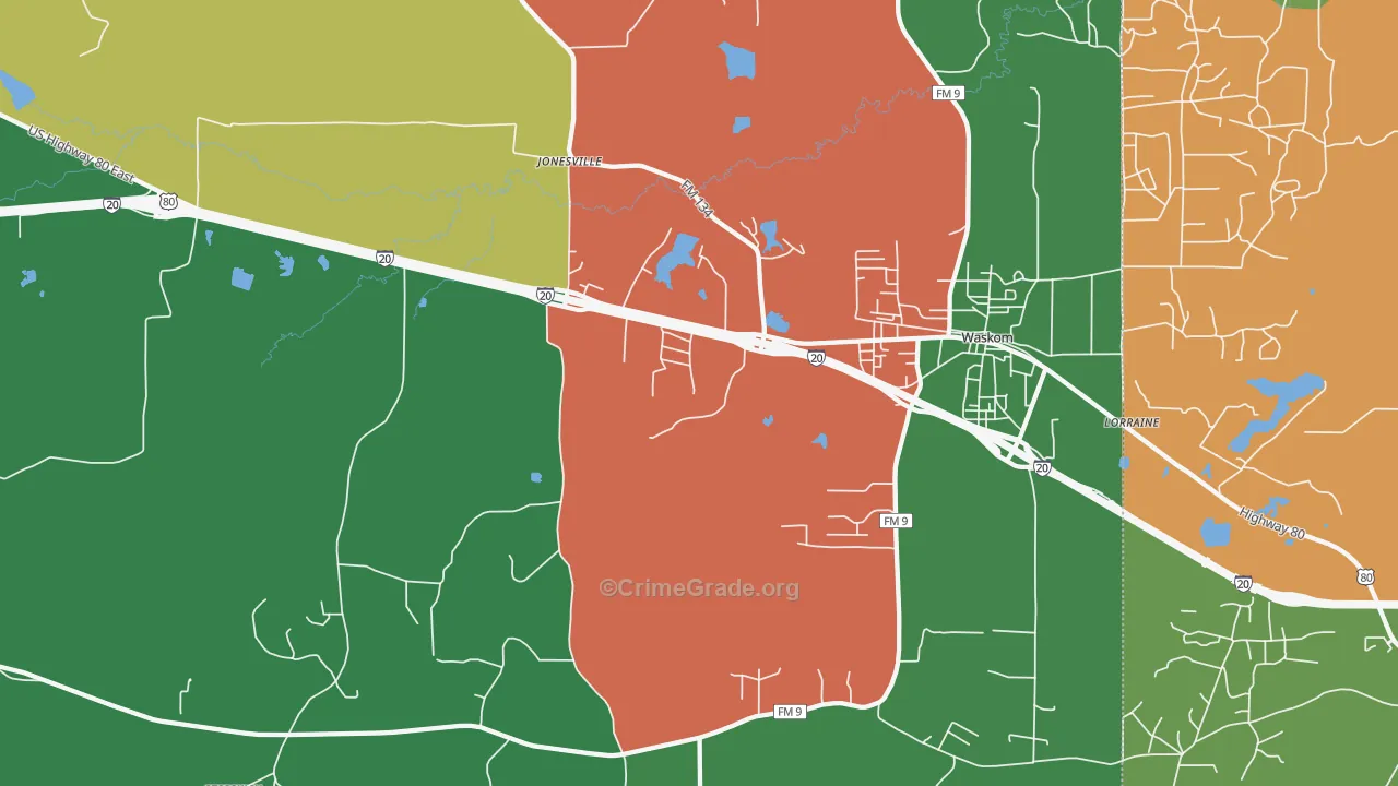 Jonesville, TX Map of Theft Rates