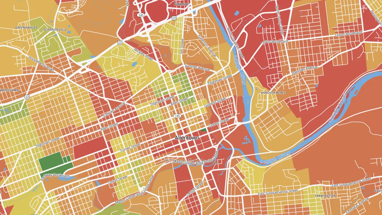 Jordan Heights, Allentown, PA Map of Theft Rates