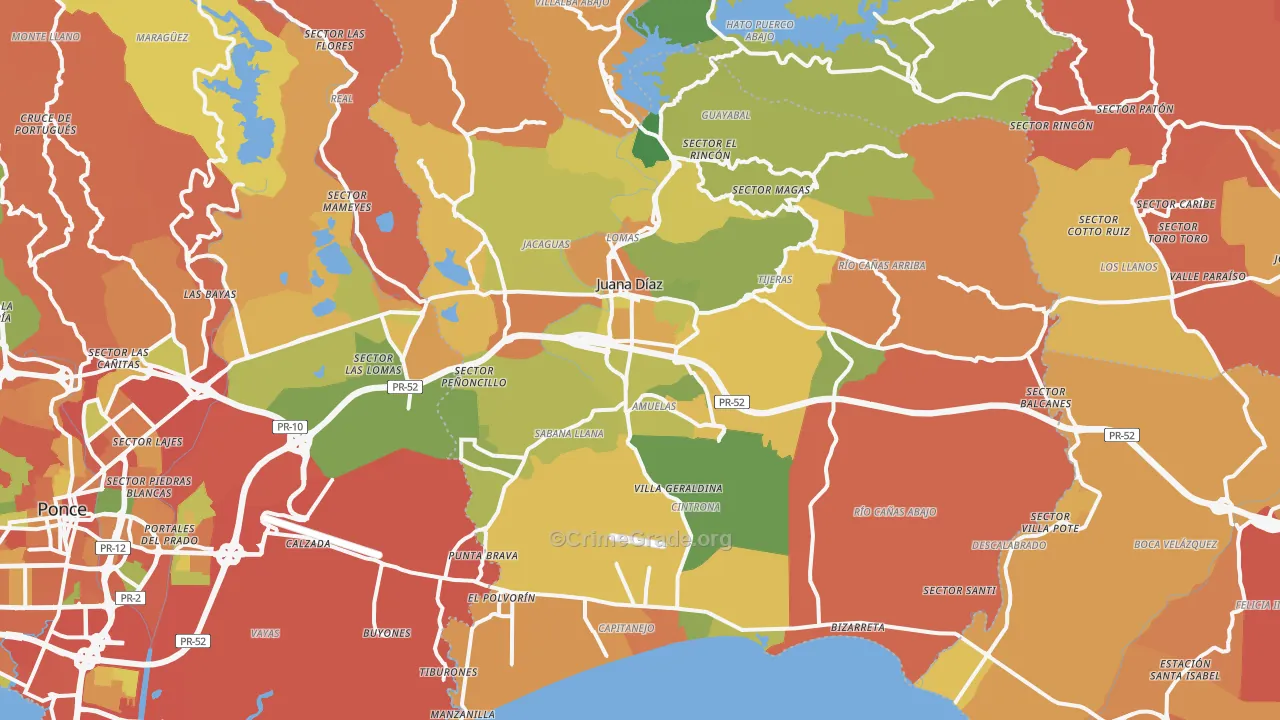 Juana Diaz Municipio, PR Map of Theft Rates