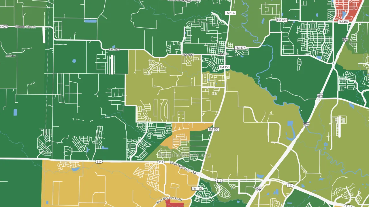 Justin, TX Map of Theft Rates