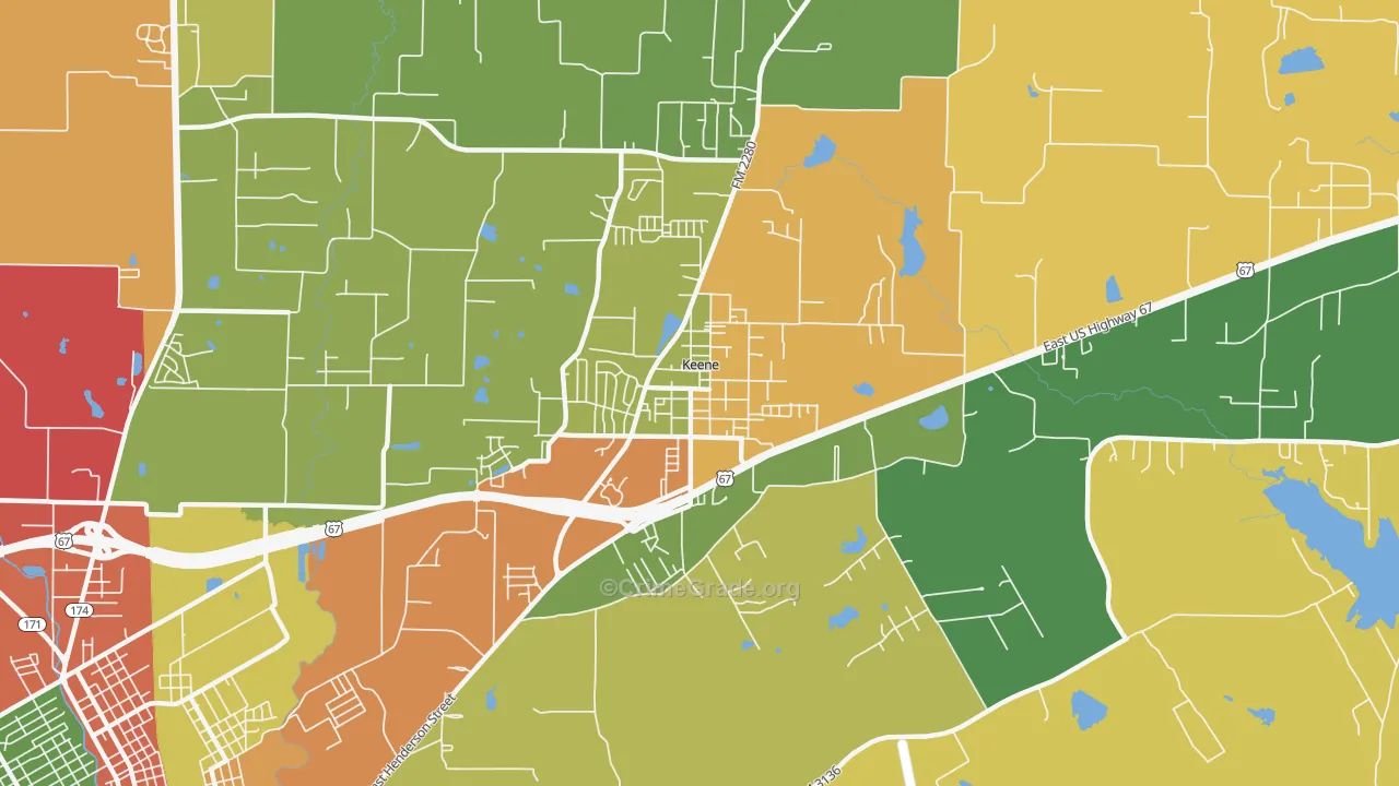 Keene, TX Map of Theft Rates