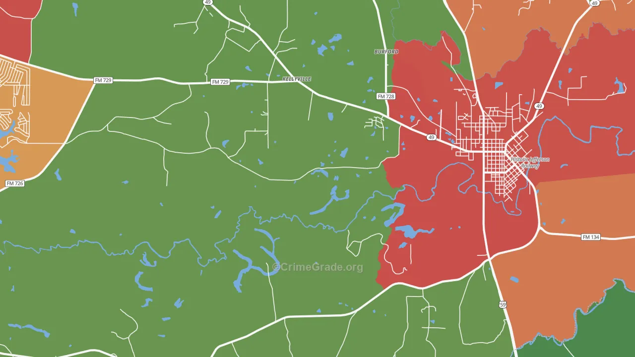 Kellyville, TX Map of Theft Rates