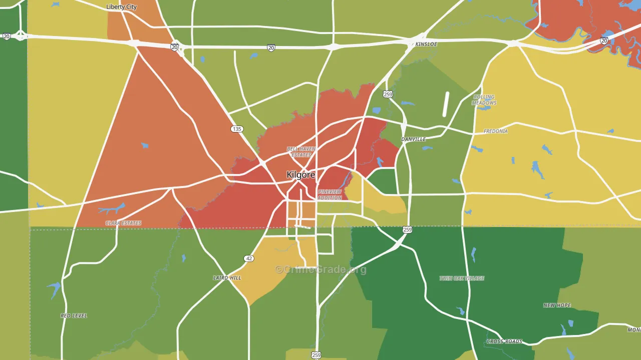 Kilgore, TX Map of Theft Rates