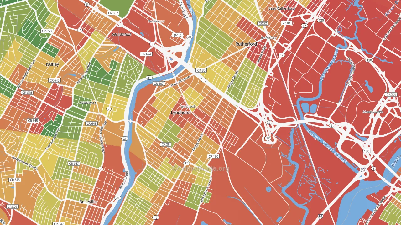 Kingsland, Lyndhurst, NJ Map of Theft Rates