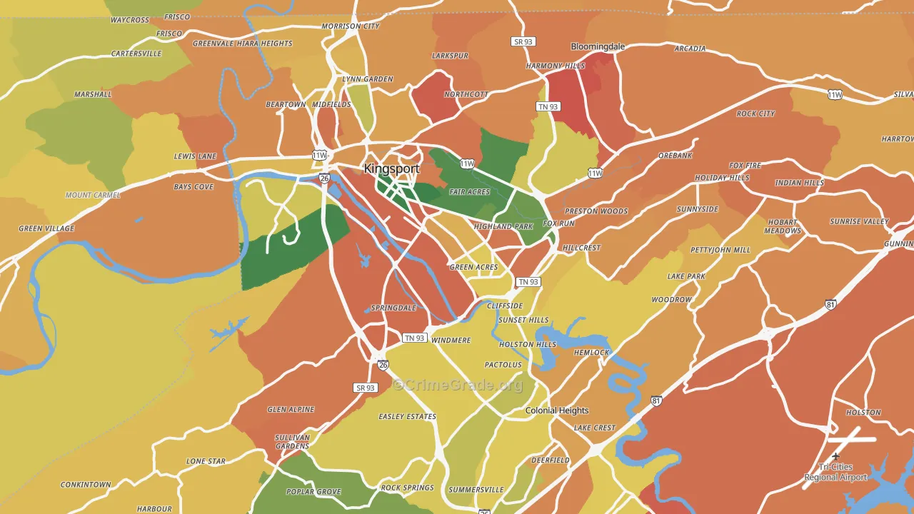Kingsport, TN Map of Theft Rates