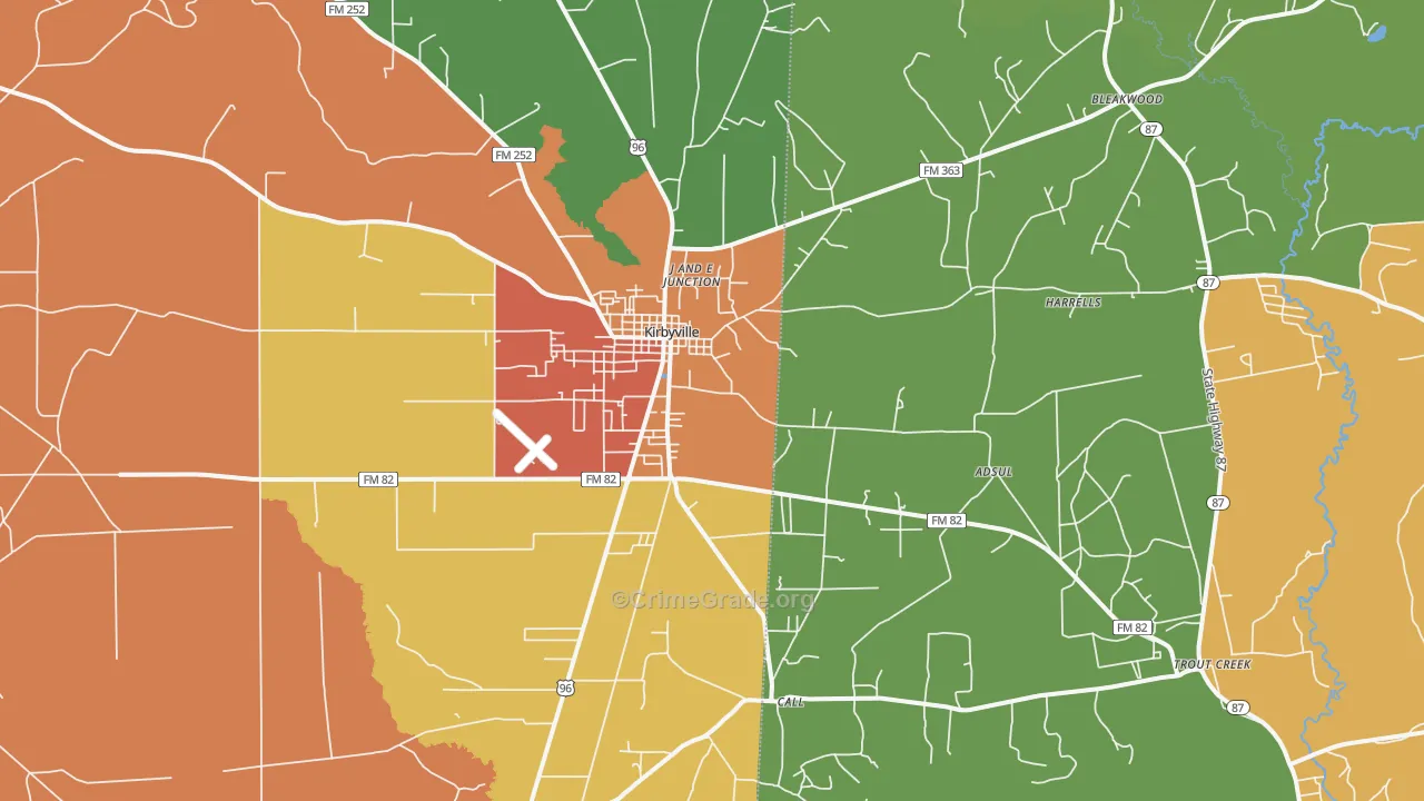 Kirbyville, TX Map of Theft Rates