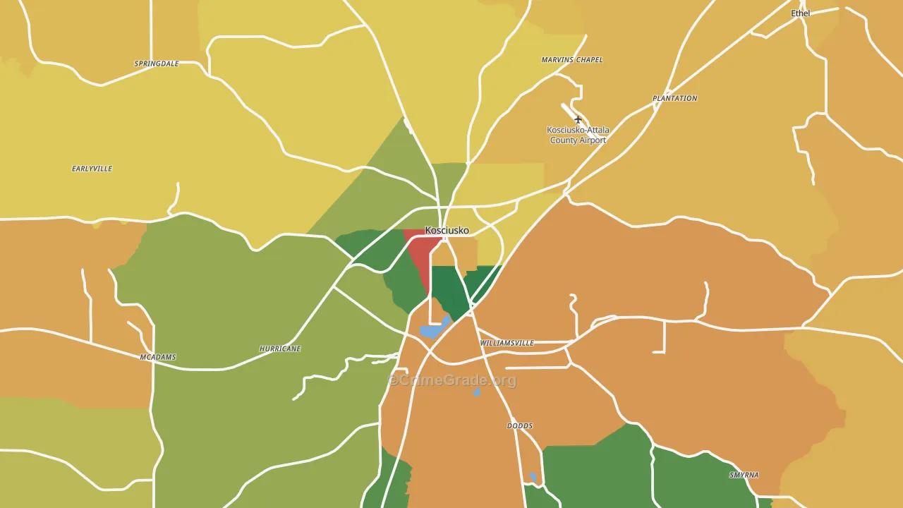 Kosciusko, MS Map of Theft Rates
