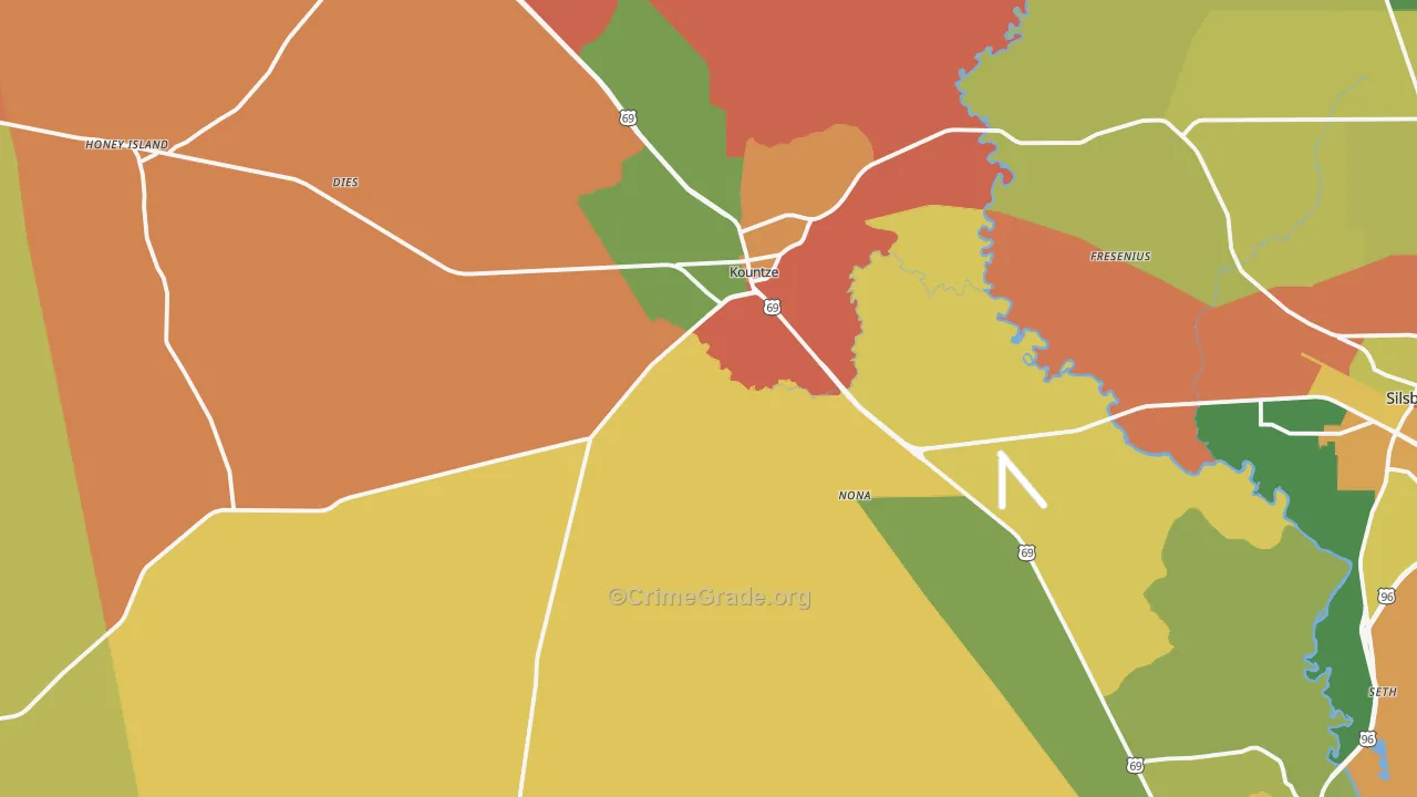 Kountze, TX Map of Theft Rates
