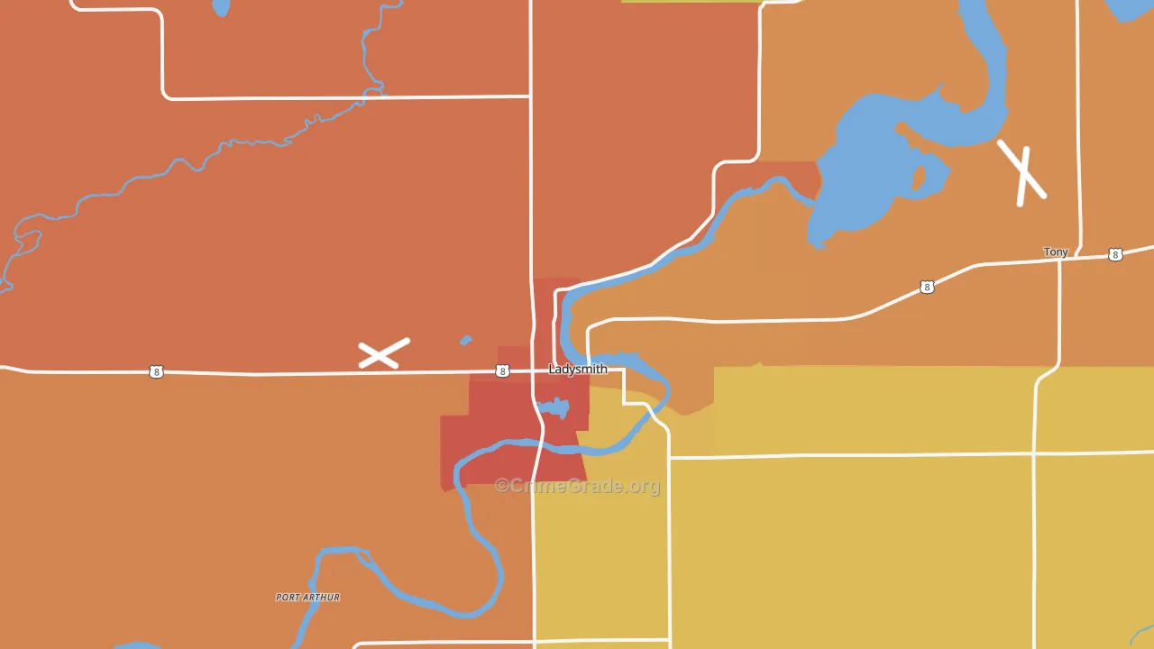 Ladysmith, WI Map of Theft Rates