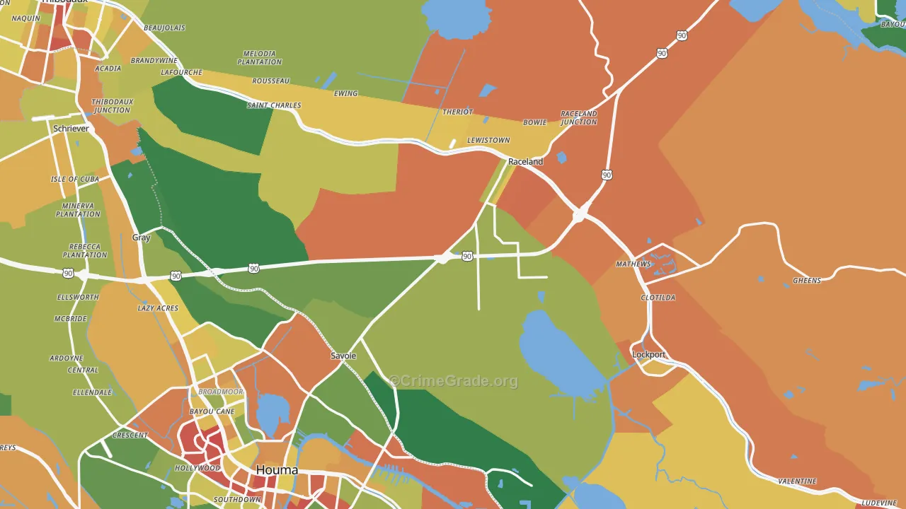 Lafourche Parish, LA Map of Theft Rates