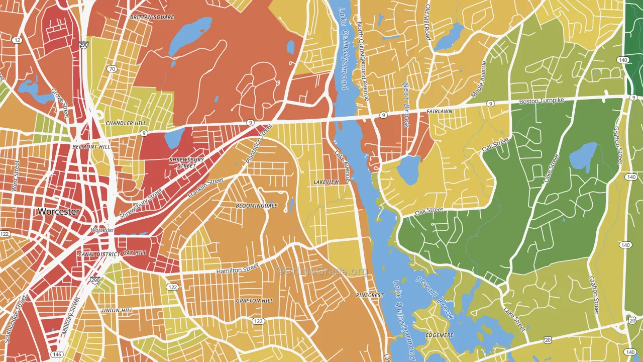 Lake Park, Worcester, MA Map of Theft Rates
