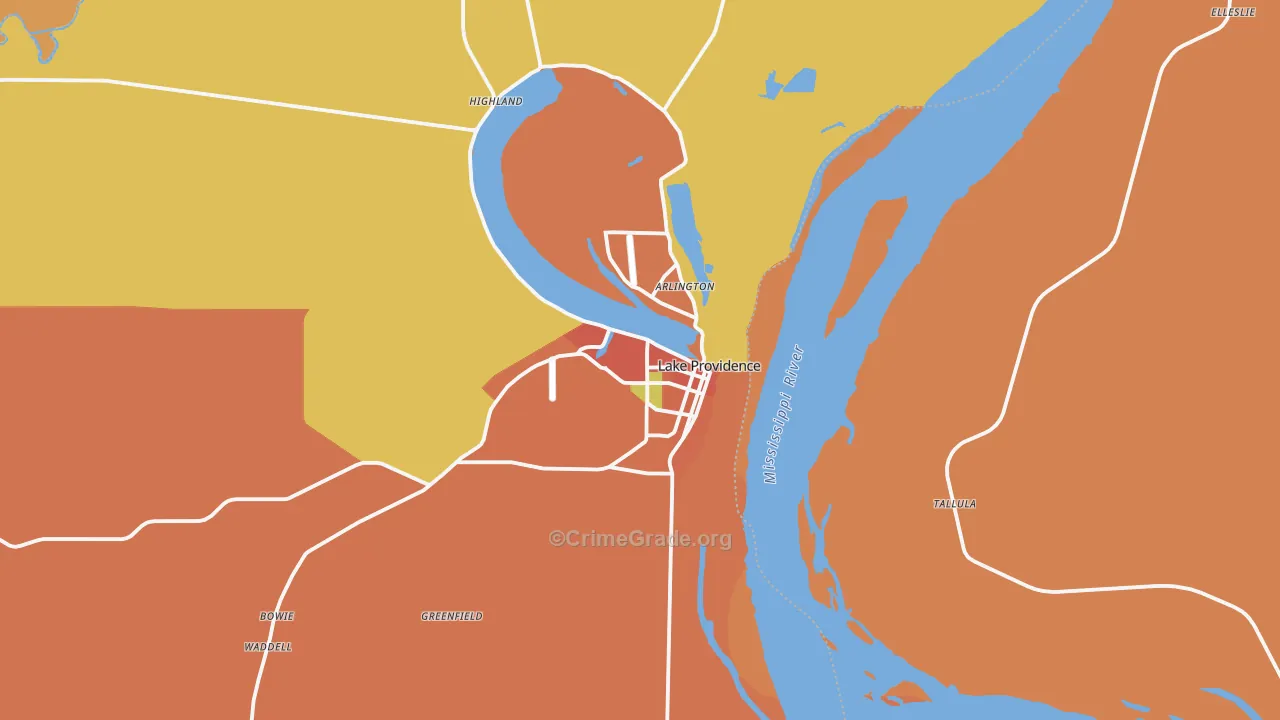 Lake Providence, LA Map of Theft Rates