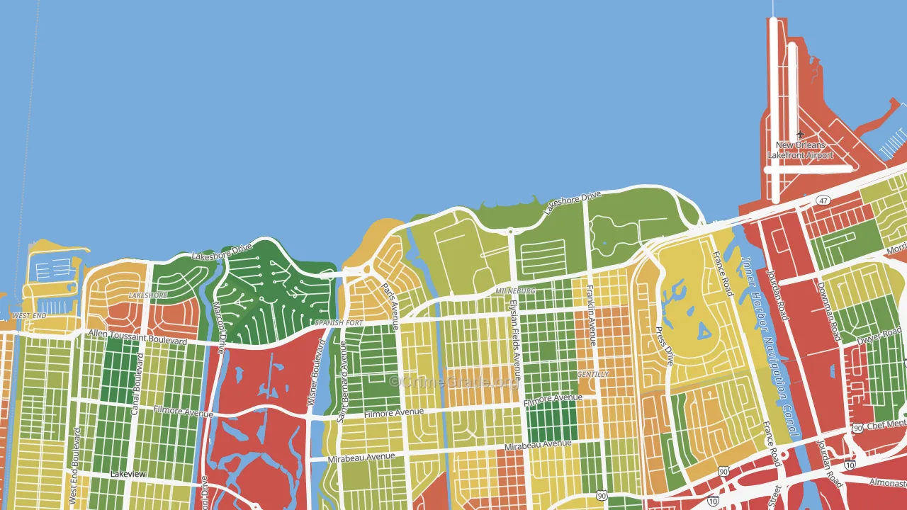 Lake Terrace and Oaks, New Orleans, LA Map of Theft Rates