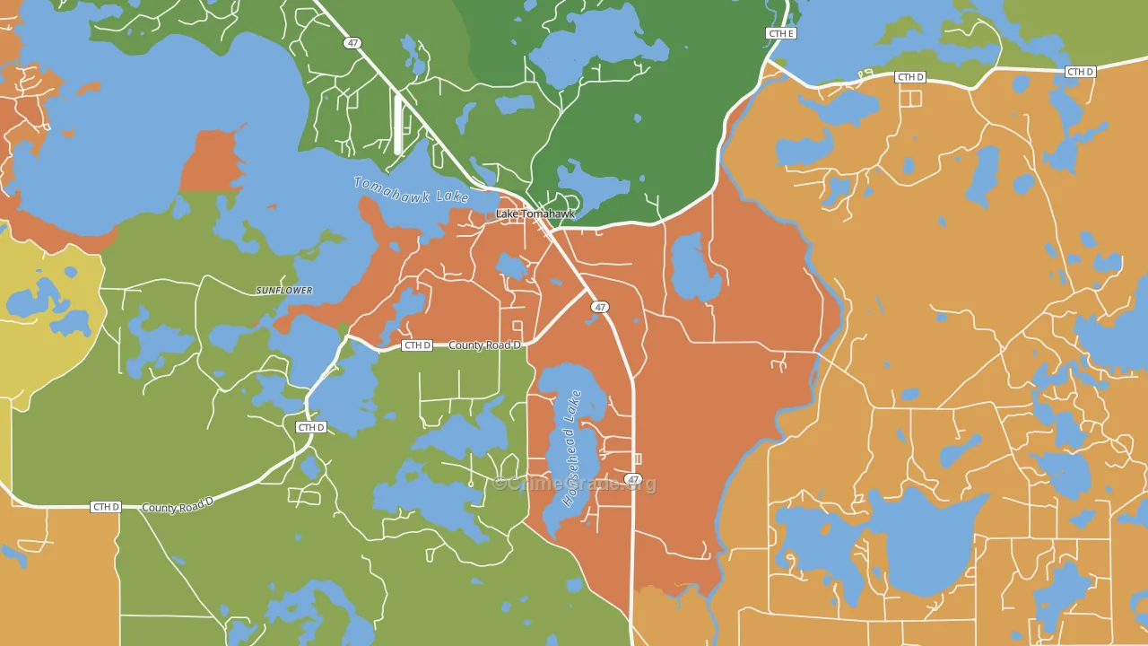 Lake Tomahawk, WI Map of Theft Rates