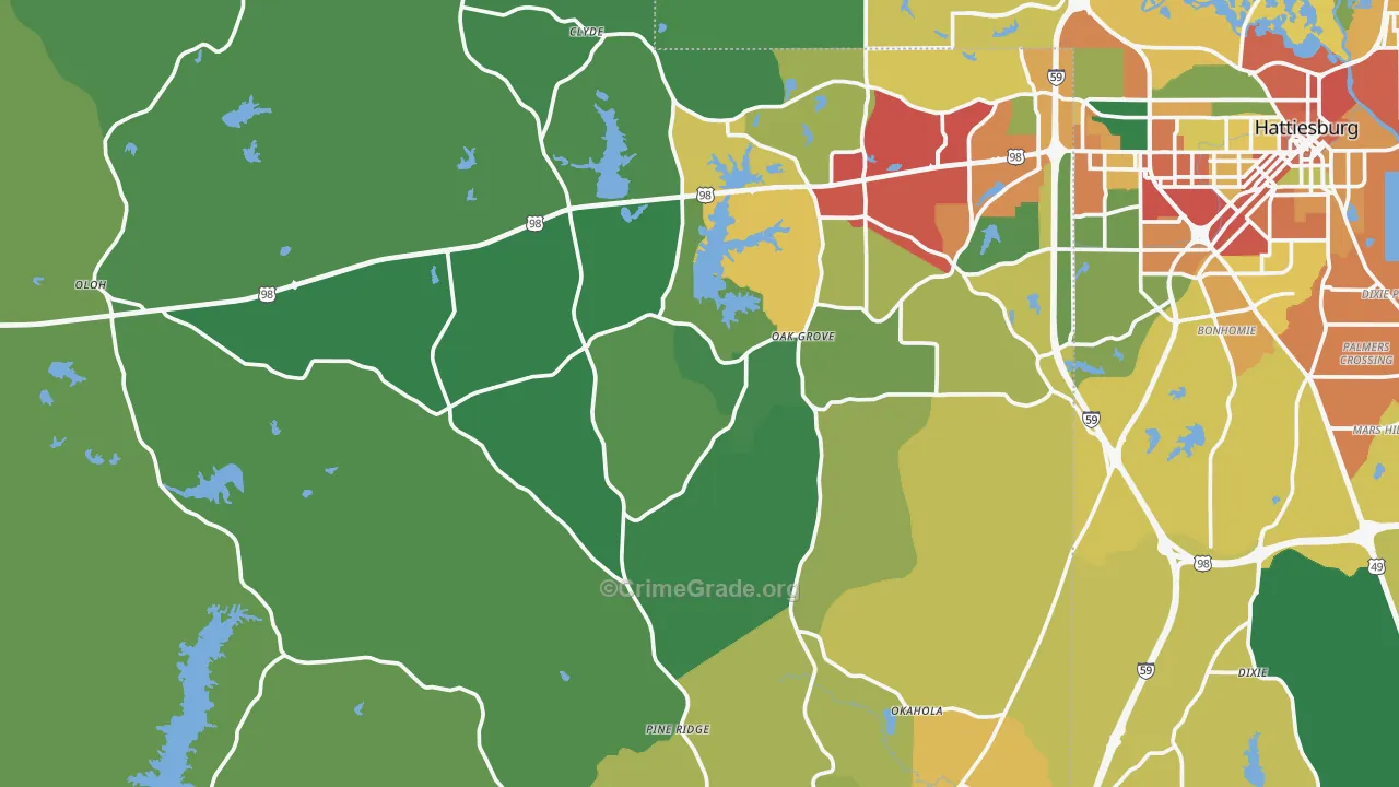 Lamar County, MS Map of Theft Rates