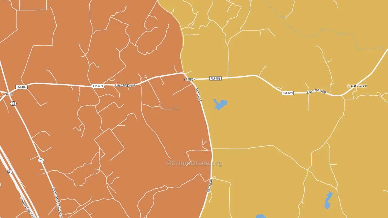 Lanely, TX Map of Theft Rates