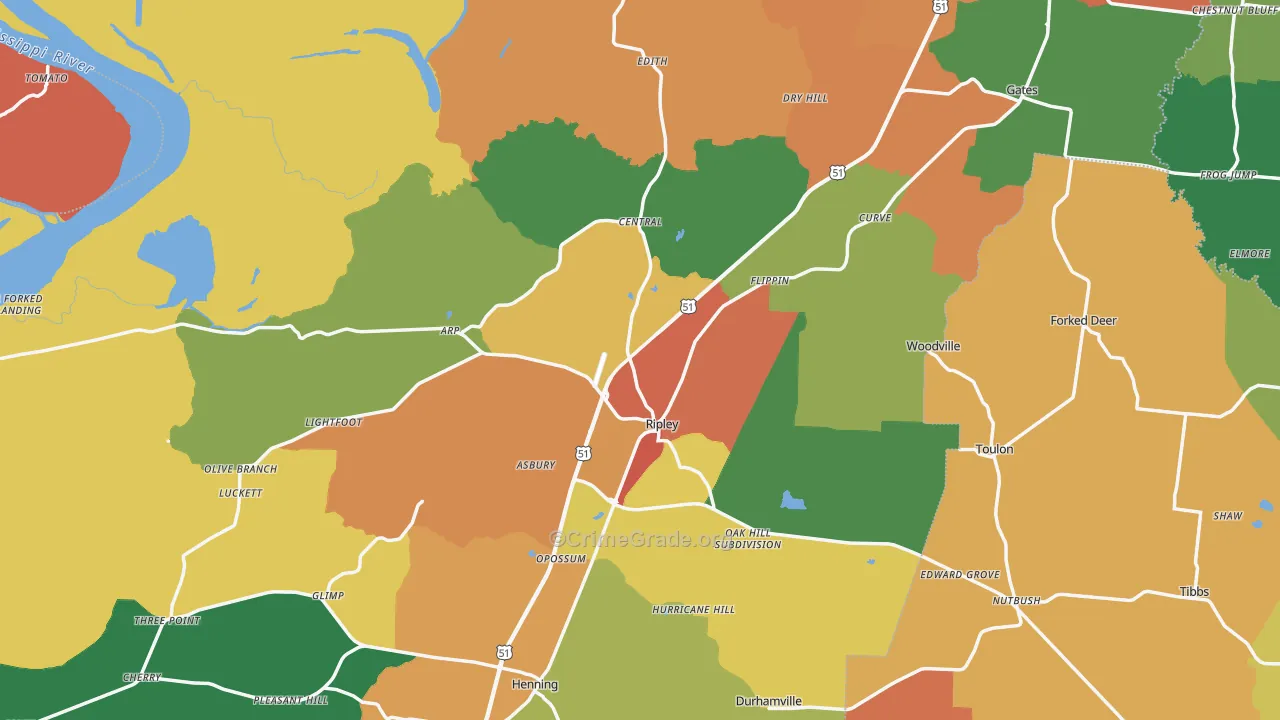 Lauderdale County, TN Map of Theft Rates