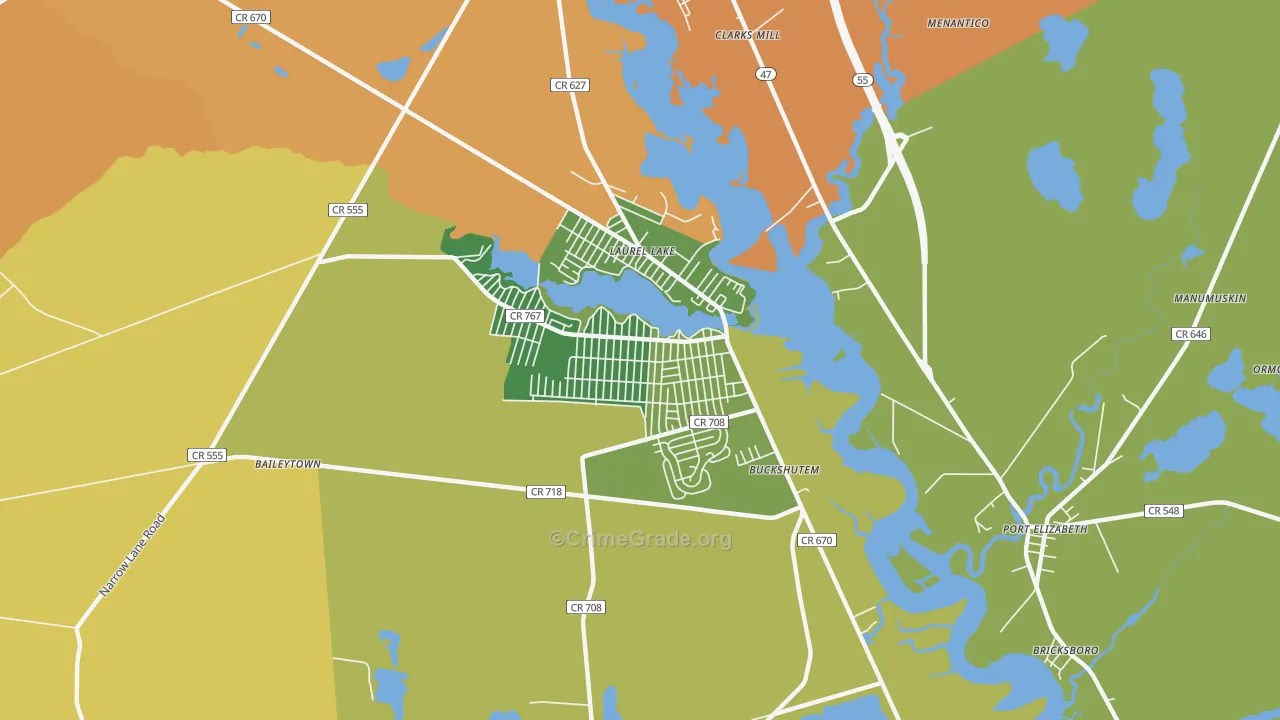 Laurel Lake, NJ Map of Theft Rates