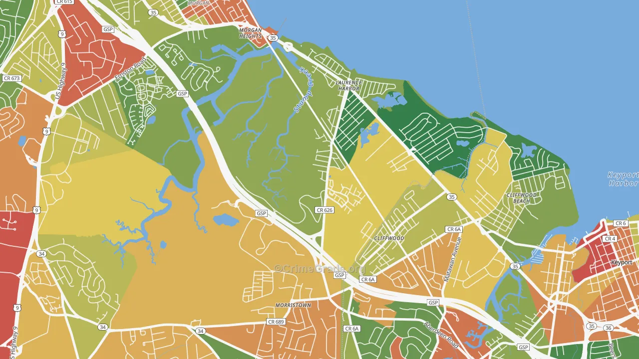 Laurence Harbor, NJ Map of Theft Rates