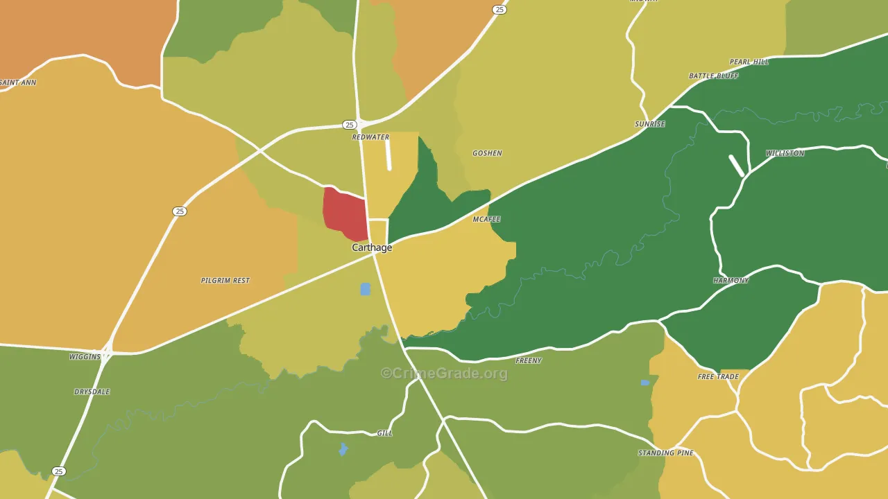 Leake County, MS Map of Theft Rates