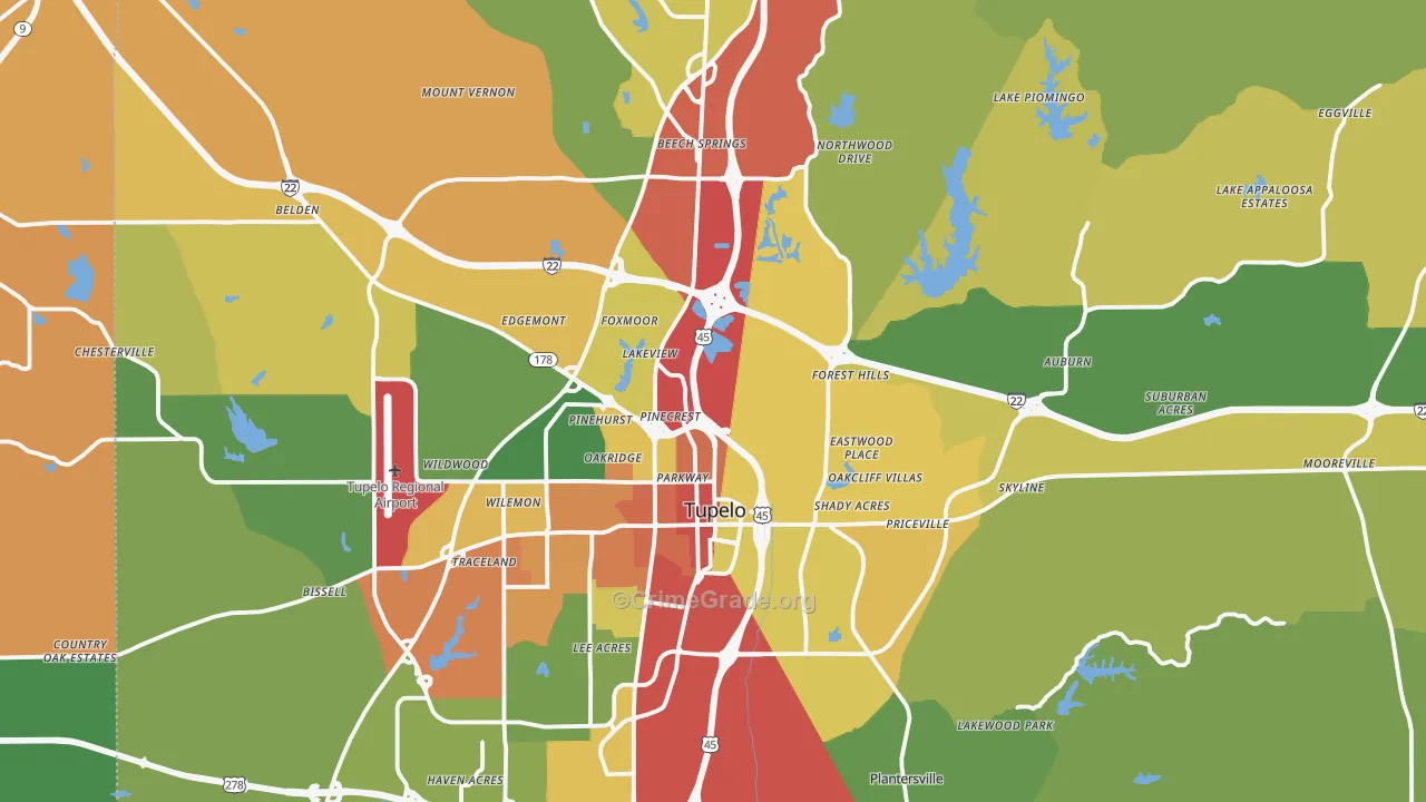 Lee County, MS Map of Theft Rates