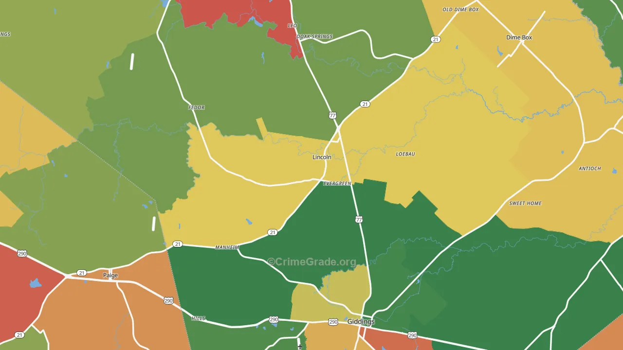 Lee County, TX Map of Theft Rates