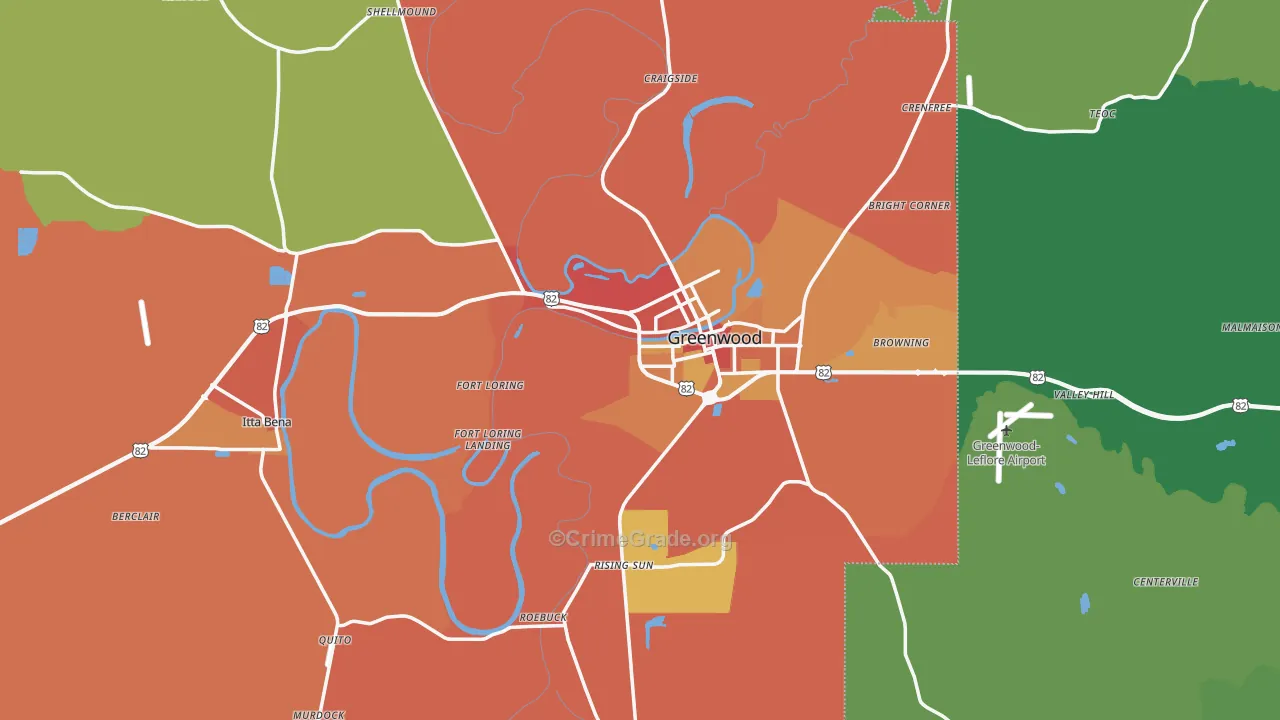Leflore County, MS Map of Theft Rates