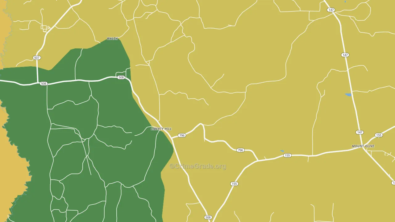 Liberty Hill, LA Map of Theft Rates